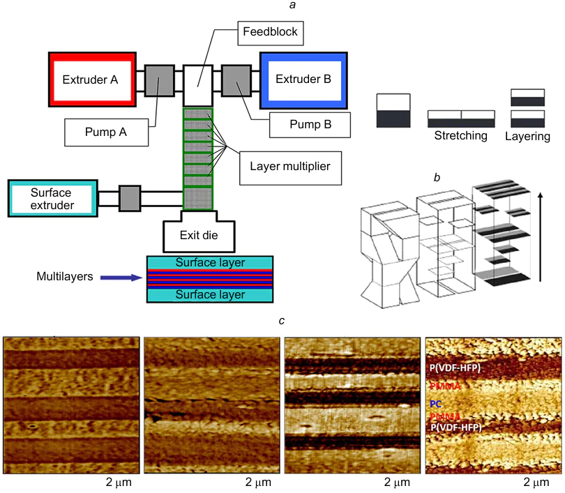 Schematic view of the fabrication of multilayer films (a), the baker transformation and a multiflux layer multiplier setup; the arrow indicates the direction of the melt flow (b), the atomic force microscopy phase image of the cross-section of the structure.2 Reproduced with the permission of Elsevier.
