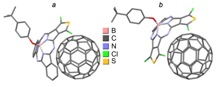 Molecular structures of complexes of subporphyrazines sPz28b (a) and sPz29b (b) with С60 fullerene (CCDC 1571526 and 1571525)[1864, 1865].