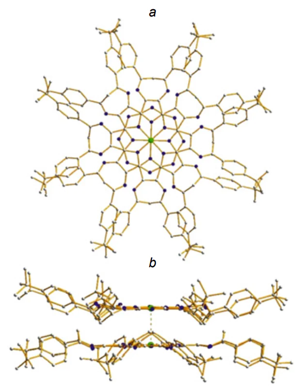 Molecular structure of Ni complex of DzPz1b (а) and its H-dimer with intermolecular С–N contact (b) (CCDC 2106082)[1875].