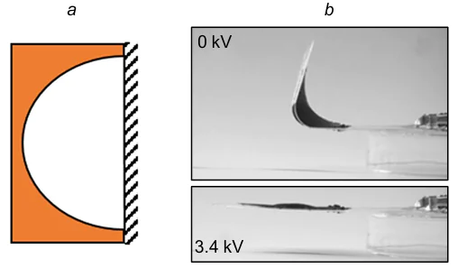 Minimum-energy DEA fixed along the perimeter: (a) semi-circular frame; (b) DEA in the non-actuated (above) and actuated (below) states. Figure 31a was prepared by the authors using original data from the study.254 Figure 31b is reproduced with the permission of Springer Nature