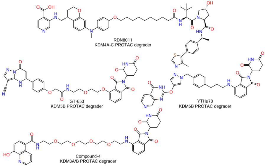 KDM inhibitors based on PROTAC technique; proteins targeted for degradation are indicated under the compound codes