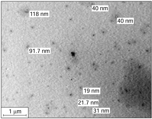 TEM image of water – Span 80 + Emarol 85 – diesel fuel nanoemulsion at a total surfactant concentration of 8 mass% and a water content of 10 mass %, prepared by high-speed homogenization method at 20000 rpm for 2 min.200 Copyright belongs to the Egyptian Petroleum Research Institute.