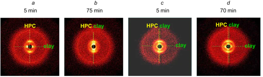 Evolution of X-ray diffraction patterns reflecting ordering of clay dispersions in a two-phase (a, b) and single plase LC solutions of HPC (c, d).131 Published with permission from the American Chemical Society.