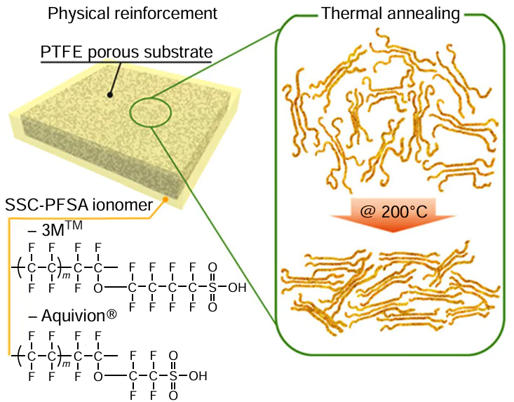 Reinforcement of membranes with PTFE followed by annealing.27 SSC-PFSA is short-side-chain perfluorosulfonic acid.