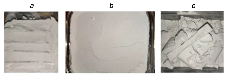 Example of heat post-treatment in a salt-filled mold: (a) parts loaded in a borosilicate glass container; (b) parts in the container covered with a layer of salt; (c) parts after heat treatment[87]. Figure published under a Creative Commons CC BY open access license.