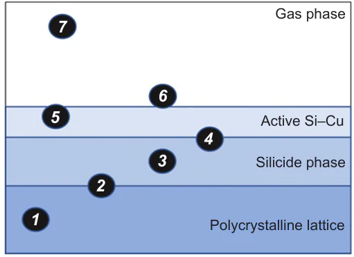 Possible chemical forms of silicon in the CM and processes occurring in the catalytic DSA.25, 76 1 is Si polycrystalline lattice, 2 is Si interphase (crystal Si – Cu3Si alloy), 3 is a Si silicide (e.g., Cu3Si), 4 is interfacial Si transport (Cu3Si – Cu alloy – metal), 5 is a silylene on the copper crystallite surface, 6 is a Si – OR alkoxide form chemically absorbed onto the CM surface, 7 is a desorbed reaction product (alkoxysilane)