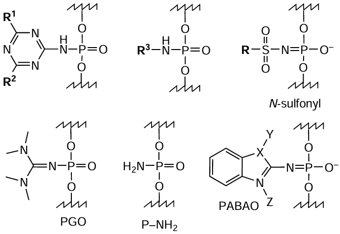 Structures of phosphate moieties of the oligonucleotide chain modified by the Staundiger reaction. Here, the substituents R, R1, R2, and R3 can range from the small methyl group to complex structures including pyrene and cholesterol residues or long aliphatic chain; if X is O, S, then Y, Z are absent; if X = N, then Y, Z = H or Me (with PF6– as the counter-ion).