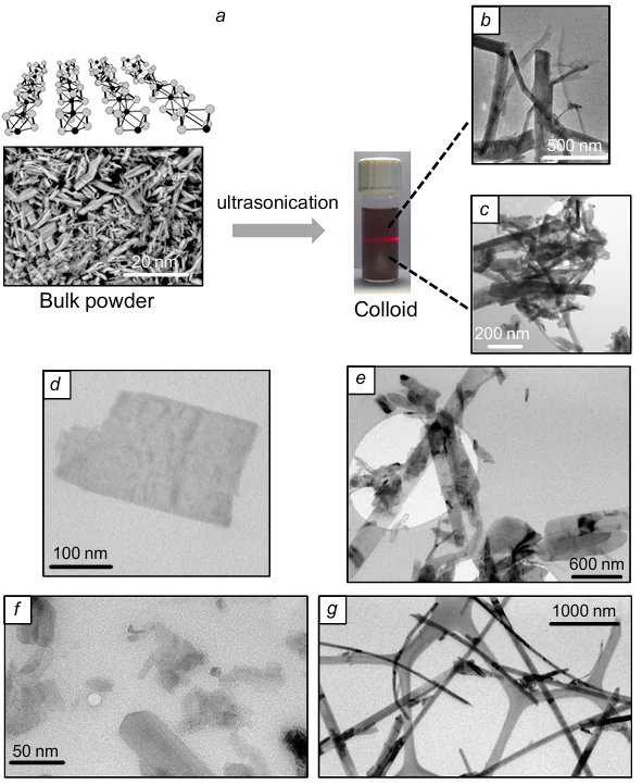 Schematic illustrating the process of exfoliation crystal line samples to nanoscale by the example of VS4 (a),8 and TEM images of the products obtained in the form of VS4 nanorods (b, c);8,98 ZrS3 nanosheets (d);53 TiS3 nanoribbons (e);76 ZrS3 particles (f, g).83 Reprinted with the permission of Wiley, American Chemical Society, Royal Society of Chemistry, Springer, Elsevier.