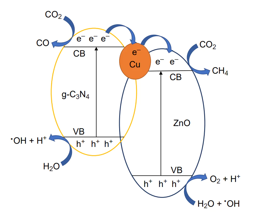 Possible mechanism of electron transfer in the \( \text{Cu/ZnO/g-C}_{3}\text{N}_{4} \) heterostructures[123].