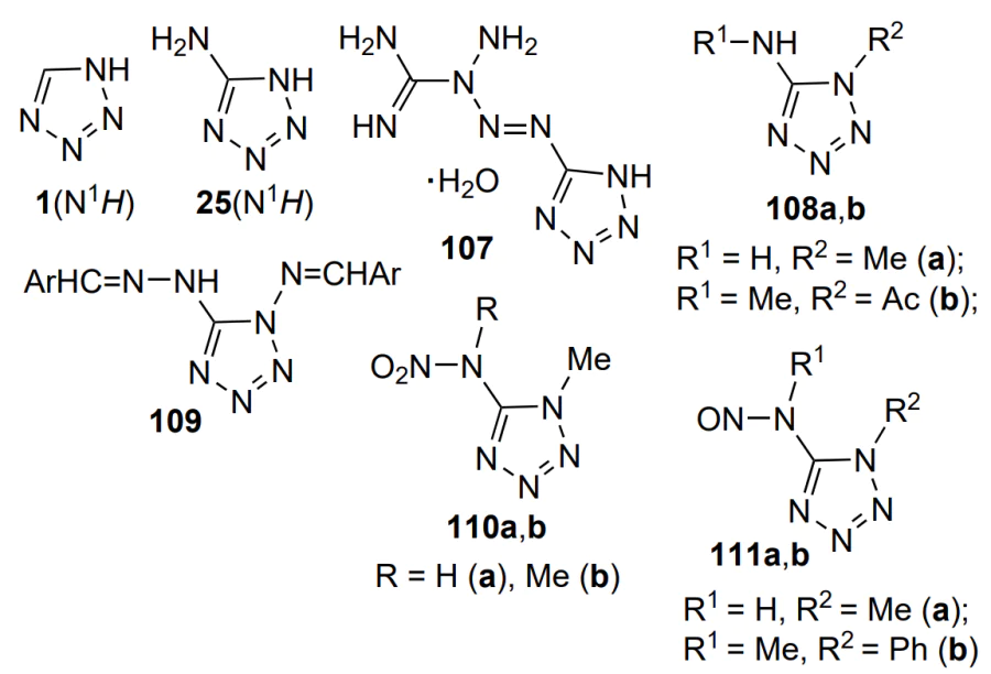 Structures used in radiation degradation studies: tetrazole 1(N1H), 5-aminotetrazole 25(N1H), tetrazene 107, N-substituted aminotetrazoles 108a,b and 109, 1-methyl-5-nitroaminotetrazole 110a,b, 5-nitrosoaminotetrazoles 111a,b.