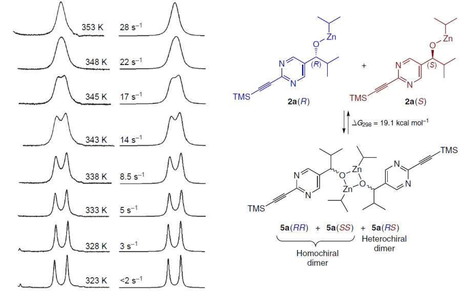 Determination of the activation barrier for the dissociation of dimer 5a (toluene-d8) from the temperature dependence of the signal shape of pyrimidine protons.58 Copyright Springer 2008.