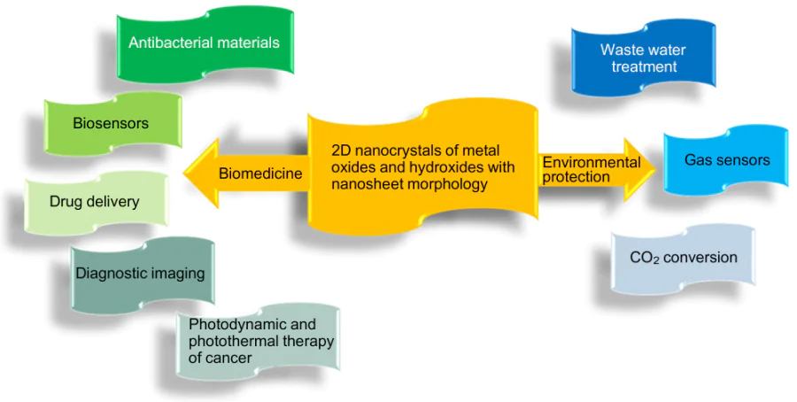 Biomedical and environmental applications of 2D nanocrystals of metal oxides and hydroxides with NS morphology