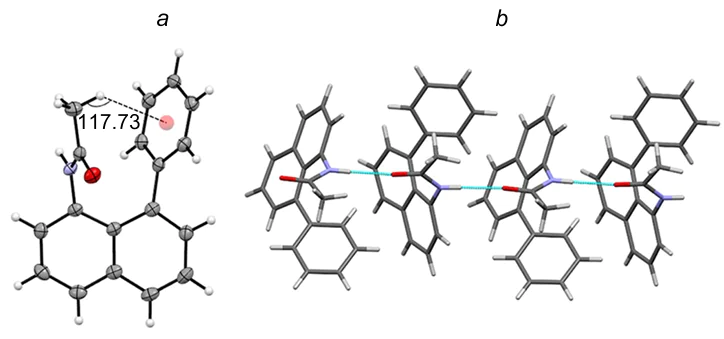 Molecular structure (a) and a chain of H-bonded associates along the c axis (b) in the crystal lattice of amide 49 (JUXDUE, 120 K). The figure was created by the authors using data of Ref. 20.