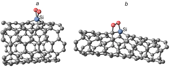 Strucrures of O2* SiC119 (a) and O2* SiC83 (b) adsorbates