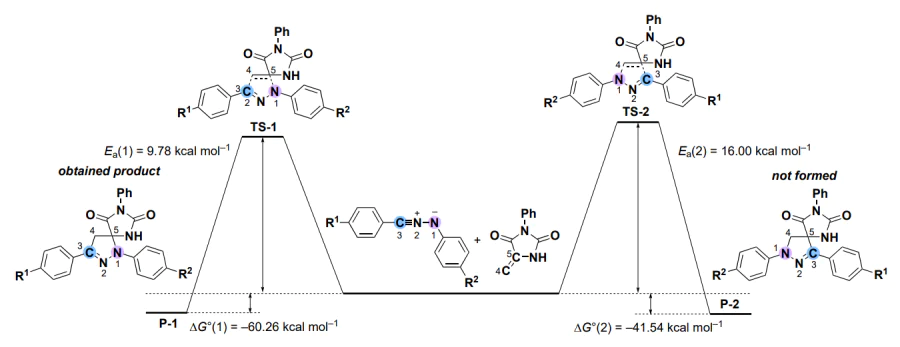 Energy profiles for the 1,3-dipolar cycloaddition reactions of nitrile imine with 5-methylidene-3-phenylhydantoin 2.19.2 yielding two possible regioisomeric products[1427].