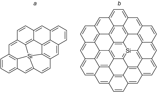 Structure of model Si-doped graphene with tetra- (a) and tricoordinated Si (b)