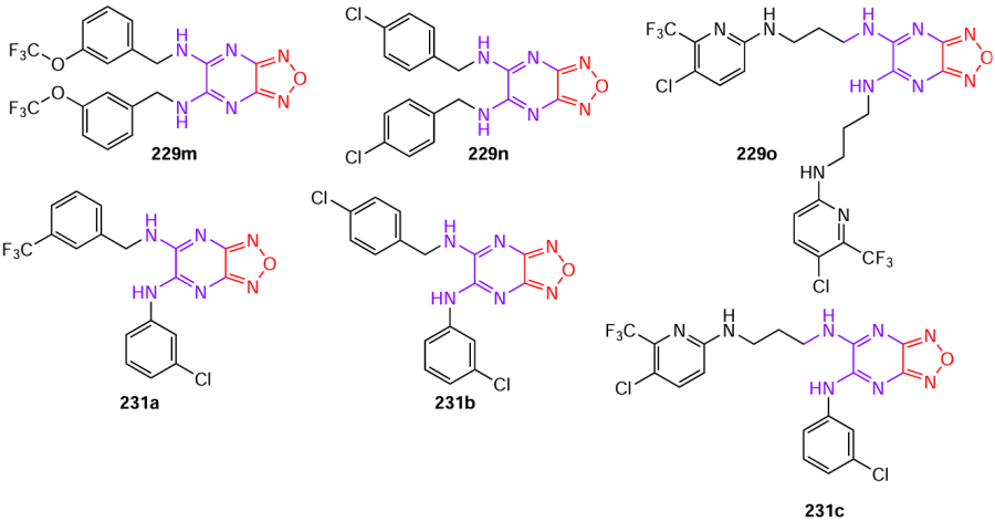 Structures of antibacterial pyrazinofurazans 229 and 231.139