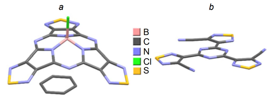 Molecular structure derived from X-ray diffraction data for cyclotrimerization products of 1,2,5-thiadiazolo-3,4-dicarbonitrile: sPz19 (as a complex with benzene) (а) and 2.25.10 (b) (CCDC 188085 and 2346914, respectively).