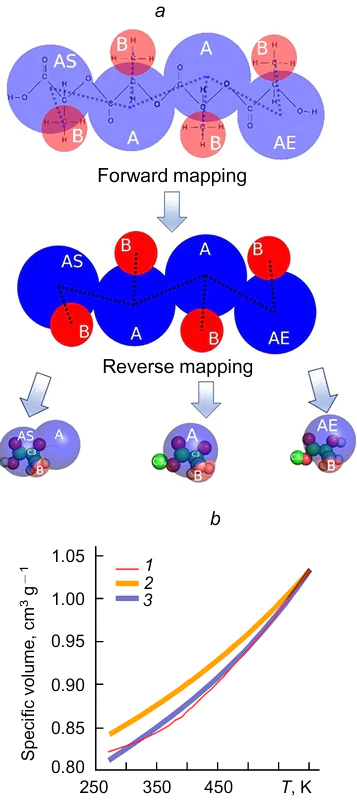 Mapping of the polylactic acid structure (a) and temperature dependences of the specific volume of oligolactide determined by all-atom simulation (red line), coarse-grained simulation (yellow line) and simulation after the temperature-dependent (blue line) renormalization (b).446 (1) atomistic, (2) coarse grained γnb=0, γb=0, (3) coarse-grained γnb=-0.25, γb =0.5. γnb and γb are the empirical temperature-dependent renormalization coefficients for non-bonding and bonding interactions, respectively. Reproduced with permission from Elsevier.