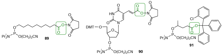 Structures of commercially available 5'-terminal (89, 91) and internal (90) carboxyl-modified phosphoramidites