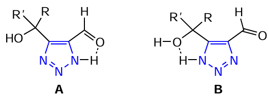 The formation of an intramolecular H-bond in 4(5)-hydroxyalkyl-1H-1,2,3-triazole-5(4)-carbaldehydes (A, B).