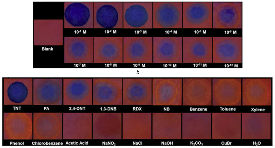 Photographs of paper test strips coated with compound 93 after adding TNT solution in different concentrations (a) and selectivity of TNT detection in the presence of other analytes (b). Reproduced from Nguyen and co-workers 55 with permission from Elsevier.