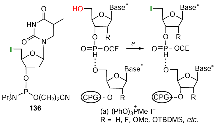 Structure of the commercial 5'-iodophosphoramidite modifier and substitution reaction of the oligonucleotide 5’-terminal hydroxyl group by iodine