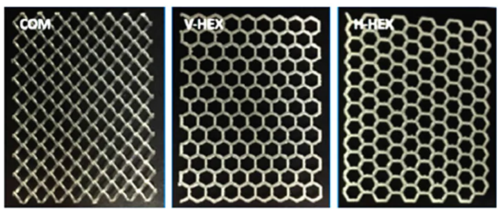 3D printed hexagonal geometry feed spacers with differ ent orientations.98 From left to right: commercial, hexagonal (V-orientation), hexagonal (H-orientation). © Elsevier B.V., 2020.