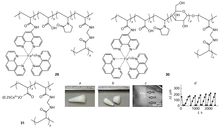 Chemical structure of gels 29, 30, and 31. (а, b, c) Images of pieces of self-healing gel 31: (а) the gel is cut, (b) the gel is again connected, (c) and the gel is restored. (d) Time dependence of the displacement of a part of oscillating gel 30.101