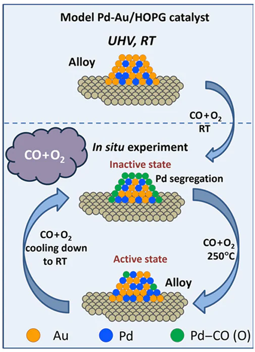 Schematic view of transformations of the HOPG-supported bimetallic PdAu particles taking place during CO oxidation, depending on the experimental conditions. (The Figure was created by the author using experimental data published in the Ref. 29. Copyright for the Figure belongs to the Russian Chemical Reviews). UHV is ultra-high vacuum.