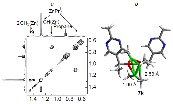 The 1H – 1H EXSY NMR spectrum (500 MHz, toluene-d8, 298 K) of a mixture of product 3a, (catalyst) of the Soai reactions and Pri2Zn in a ratio of 1 : 3 (а).58 Copyright Springer 2008. Cluster intermediate 7k (calculated by DFT (B3LYP/6-31G*) for alkoxides 3k and Me2Zn, used as a simpler model) (b).50 Copyright Wiley 2004.
