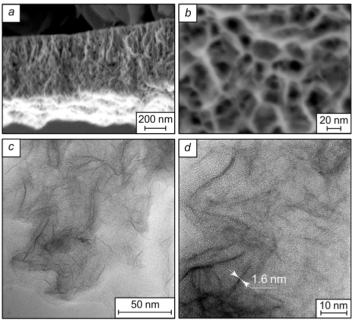 Electron micrographs of a manganese(III,IV) oxide layer formed on the surface of a solution of Mn(OAc)2 and NaOAc salts after treatment with ozone for 10 min. SEM images: side view (a) and view of the layer surface from the solution (b); (c, d) TEM images (at different magnifications) of the anganese(III,IV) oxide layer synthesized on the surface of Mn(OAc)2 solution after treatment with ozone for 5 s.162