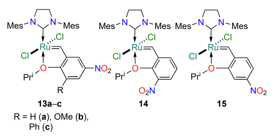 Structures of the HG-II-type ruthenium catalysts 13–15 with electron-withdrawing substituents in the benzylidene ligand.