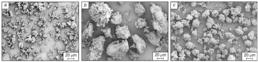 SEM images of PI powders obtained by chemical imidization: (a) R-BAPB, (b) ODPA-BAPB, (c) BZP-3,3'BZP.159 Published with permission from Springer Nature.