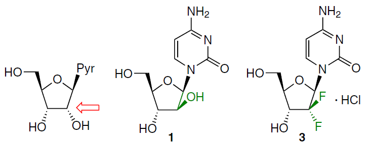 General structure of pyrimidine (Pyr) nucleosides (left, the arrow indicates the 2’-position of the carbohydrate moiety) and the structures of analogues 1 and 3 modified at this position.