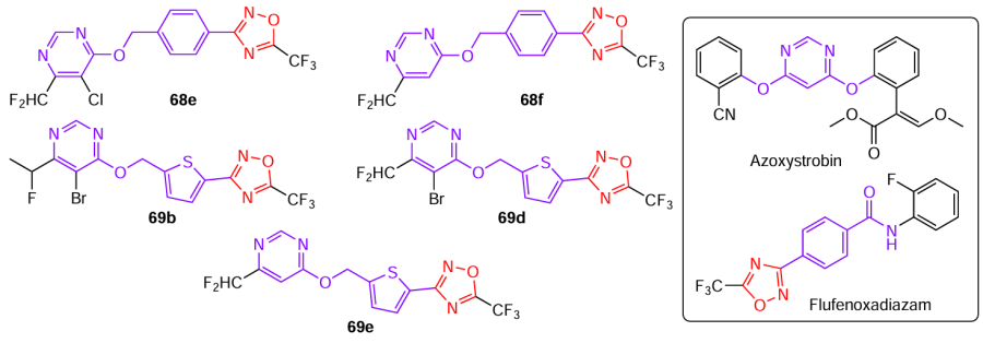 Structures of pyrimidine ethers of trifluoromethyl-1,2,4-oxadiazoles 68 and 69 exhibiting the highest antifungal activity and active ingredients of commercial fungicides (drawn in the box).41