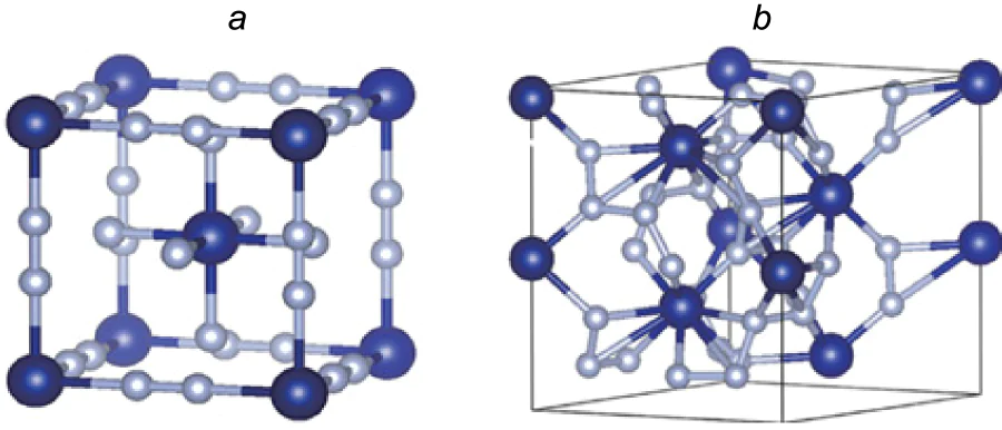 Crystal structures of CrN6 with \( Im3m \) (а) and \( R3c \) (b) space groups[123]. Published in accordance with the Creative Commons License CC BY-NC 4.0.