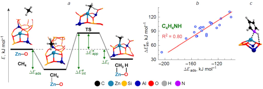 The main steps of methane dissociation on the paired Zn2+ – O– site (а). The following energy parameters are indicated: adsorption energy ΔEads, intrinsic ΔE≠int and apparent ΔE≠app activation energies, a change in the reaction energy ΔEr. The correlation between the activation barrier ΔE≠int for methane dissociation and adsorption energy ΔEads of pyrrol (b). Structure of the adsorption complex of pyrrole on Zn2+ – O– site in beta zeolite (с). Reproduced with minor changes from Kolganov et al.182