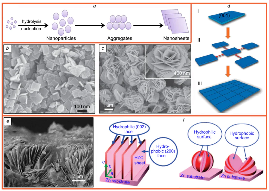 Examples of synthesis of metal oxide and hydroxide NSs using solutions of reactants. (a) mechanism of formation of ZnO nanosheets upon precipitation from a zinc nitrate solution by alkali at 70 °C;73 (b-d) illustration of the effect of PVP addition on the TiO2 nanosheet morphology:74 SEM images of NSs prepared in the absence (b) and inthepresence (c) of PVP at different magnifications; (d) formation of mosaic nanoparticles: (I) formation of single NSs with PVP macromolecules adsorbed on (001) faces; (II) coalescence of neighbouring NSs in ab plane; (III) formation of mosaic structures with a large area; (e) SEM image of arrays of vertical Zn5(CO3)2(OH)6 hydroxycarbonate nanosheets; (f) models of NS arrays obtained under various conditions (solution concentrations and times of treatment) determining the hydrophobic (hydrophilic) properties of the surface.75 Figure a is published with permission from Springer, Figs b-d are published with permission from RSC, Figs e, f are published with permission from ACS