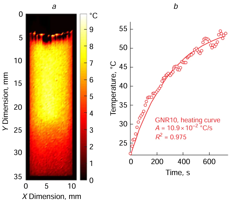 (a) Thermal image of an aqueous dispersion of gold nanorods demonstrating temperature distribution after laser treatment; (b) calculation of the light energy absorption rate A by a dispersion of gold nanorods by fitting the experimental dependence of the dispersion temperature on the irradiation time.63