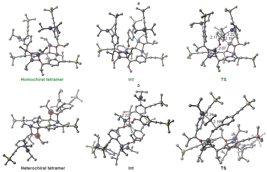 Homo- (а) and heterochiral (b) tetramers, their intermediates with aldehyde 1а and transition states.71 Сopyright Springer Nature 2020.