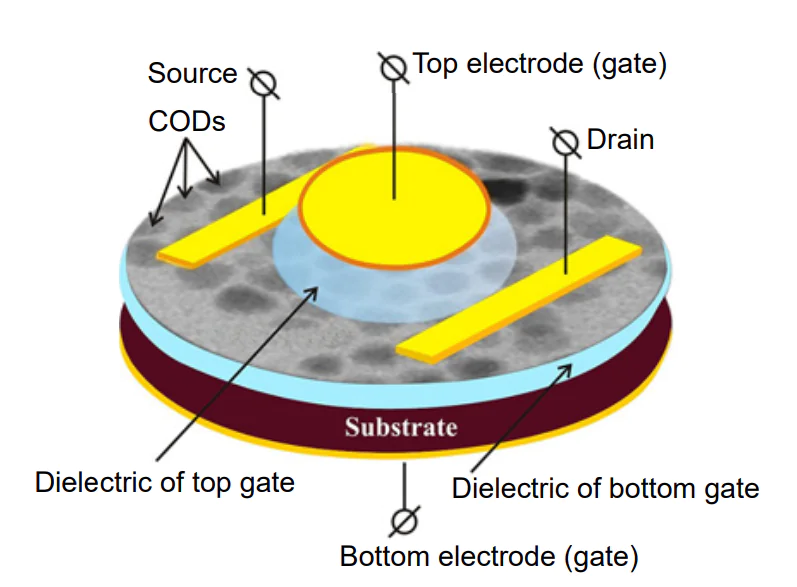 Architecture of a field-effect transistor with a colloidal quantum dot channel and top and bottom field electrodes.