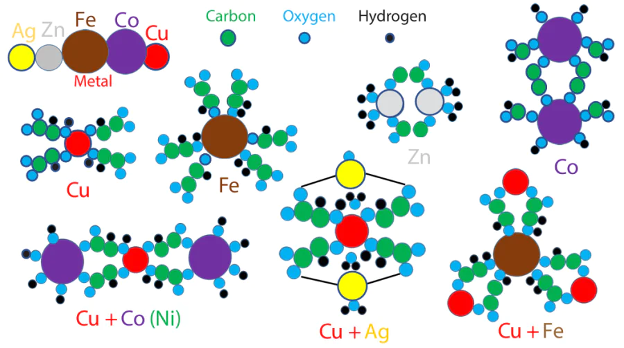 Structures of monometallic and bimetallic mono- and binuclear tartrate complexes in an alkaline solution for LCLD used for the deposition of single-phase tracks (upper row) and heterophase tracks (lower row).