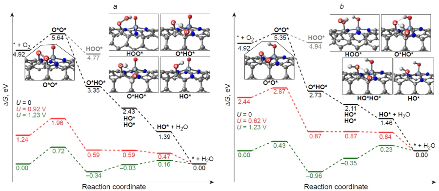 Free energy profiles for intermediates of ORR at the C2 vinyl sites of Si-poisoned structures: Si(O) – N4/(6,6)CNT (a) and SiOH – N4/(6,6)CNT (b) at some electrode potentials U in acid medium.38