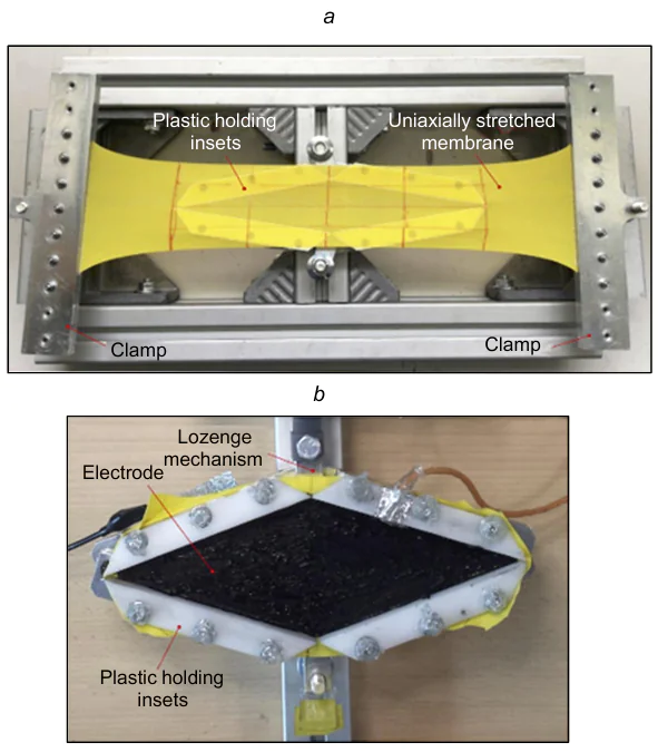 Hinged rhombus-shaped DEA: (a) membrane in the setup for prestretching; (b) the fabricated DEA in the non-actuated state.258 Reproduced with the permission of MDPI