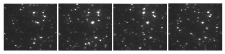 Sequentially recorded fluorescence images of single semiconductor colloidal CdSeS/ZnS QDs in the field of view of a wide-field epiluminescence microscope 20×20 μm2[677]. The acquisition time for one image is 100 ms.