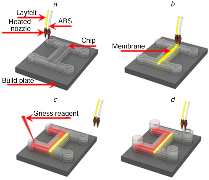 Two-component 3D printing of a disposable nitrate sensor: (a) sensor printing; (b) printing of the layfelt membrane; (c) introduction of Griess reagent; (d) completion of the printing process.105 © American Chemical Society, 2017.