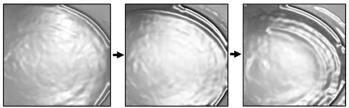 Photomicrographs (4×) illustrating the texturing of nanodiamond particles in a 1% aqueous HPC solution in the presence of Tween 80. Different steps of formation of a spiral structure with a time interval of 2 min at a shear rate of 1 s-1 are shown.120