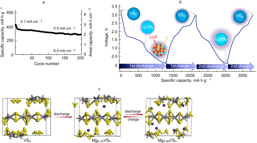 Stable cycling of MoS3 (a)281 and lithium intercalation/deintercalation mechanism in VS4 on discharge/charge during the first and second cycles (b) in Li ion batteries;108 reverse Mg2+ insertion/extraction into/from VS4 during discharge/charge in magnesium-ion batteries (c).109 Reprinted with the permission of the United States National Academy of Sciences, Elsevier and Wiley