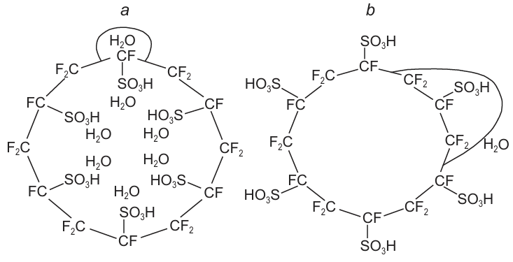 Schematic image of the ionomer particle introduced into Vulcan XC-72 (a) and KVU-1 (b).181